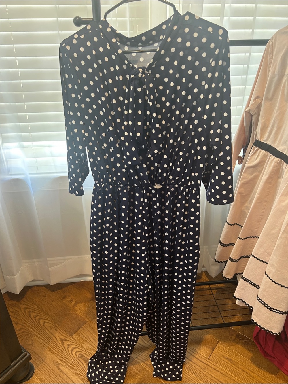Polka Dot Tie-Front Navy Jumpsuit